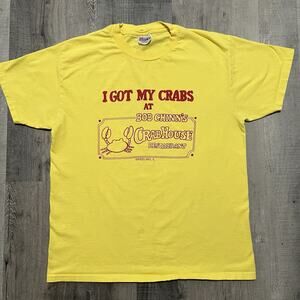 VTG "I Got My Crabs" At Bob Chinns Crabhouse Yellow 90s Seafood Funny T Shirt